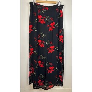 Joseph Ribkoff Women's Black Red Floral Wide Leg Overlay Slit‎ Palazzo Pants 16